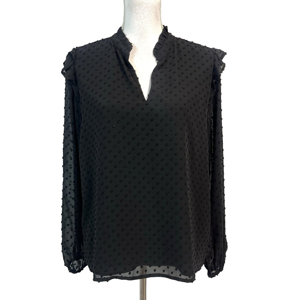 J. Crew Blouse size Medium Black Sheer Polka Dots Ruffles Career Casual